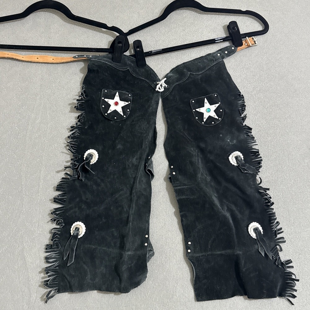 Kids Boys Girls S M Black Suede Leather Western Chaps Cowboy Belted Waist Fringe